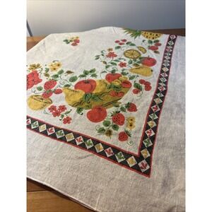 Vtg Linen Tablecloth With Fruits Strawberries, Pears, Lemons 46x46